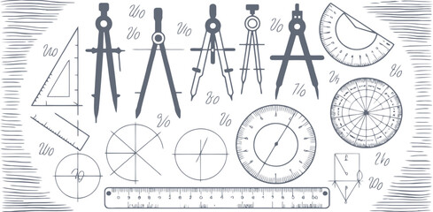 Collection of vintage drafting tools and geometric shapes in black and white geometry compass