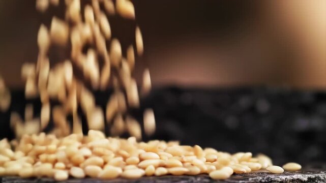 Raw pine nuts falling and collecting on a dark surface, healthy cooking ingredient, close-up with motion blur