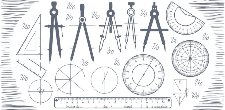 Collection of vintage drafting tools and geometric shapes in black and white geometry compass