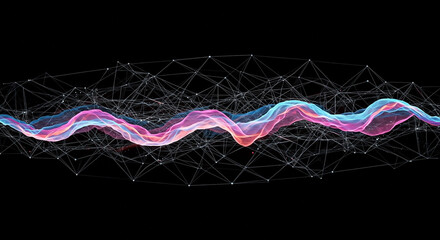 Abstract visualization of a dynamic data stream with a colorful, flowing wave over a geometric plexus network on a black background.