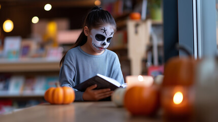 Hispanic girl with colorful sugar skull makeup reading a book in library decorated for halloween with festive autumn atmosphere. 