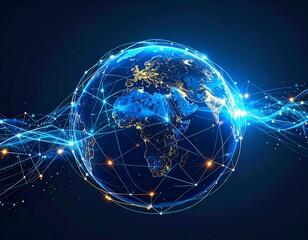 A glowing blue network of connections surrounds planet Earth, symbolizing global communication, data, and technology.