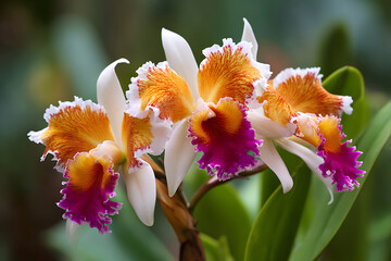 Fototapeta premium Vibrant Cluster of Ruffled Cattleya Orchids with Fiery Orange and Magenta Lips