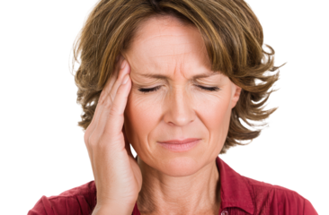 Middle-Aged Woman with Headache Touching Temple, Migraine Pain on Transparent Background