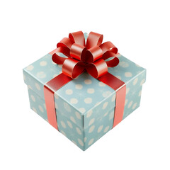 Obraz premium A festive light blue gift box with a patterned design and a large red satin bow isolated on transparent background
