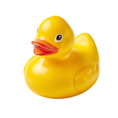A bright yellow rubber duck toy with a red beak and blue eyes isolated on transparent background