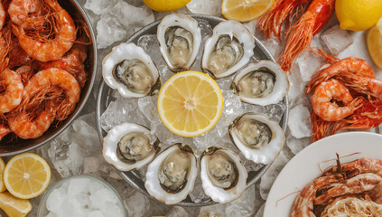 Photo of a delightful seafood platter featuring fresh oysters and succulent shrimp served with lemon wedges on ice