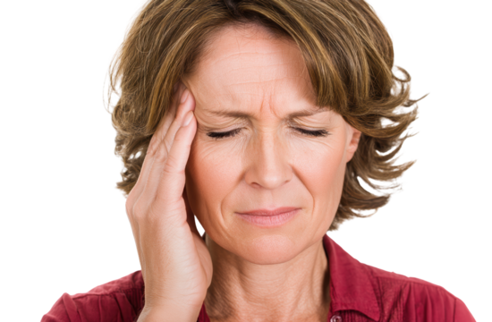 Middle-Aged Woman with Headache Touching Temple, Migraine Pain on Transparent Background