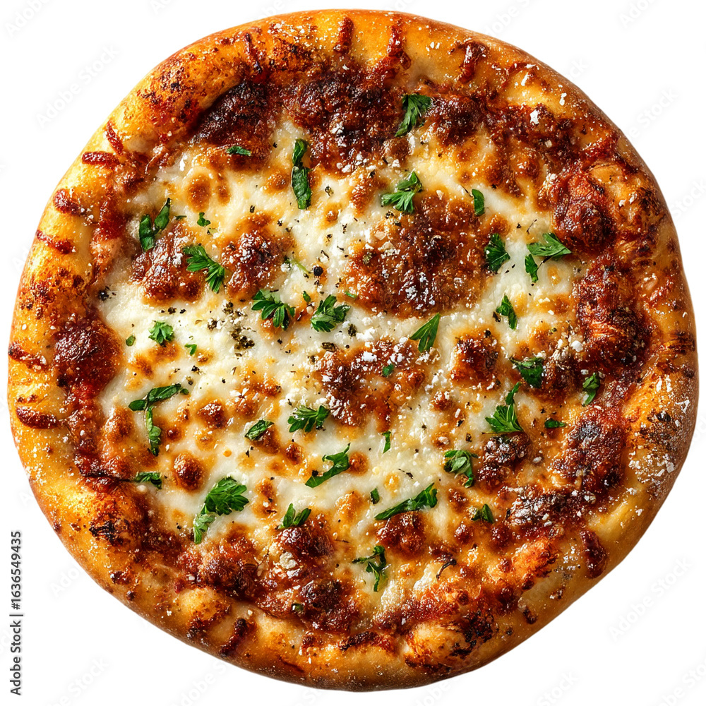 Poster a full view of a round pizza with cheese and parsley on a black background isolated on transparent b