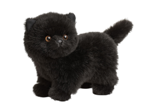 PNG of Adorable black plush kitten with big eyes, showcasing its fluffy texture and playful demeanor. - on Transparent or White BG