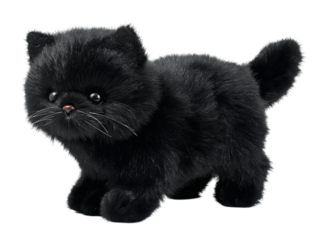 PNG of A cute black plush kitten toy with big eyes, perfect for kids and cat lovers alike, showcasing its soft, furry texture. - on Transparent or White BG