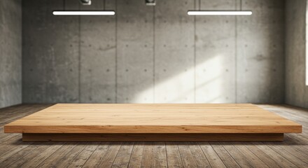 Wooden platform, industrial room, sunlight, display, product showcase