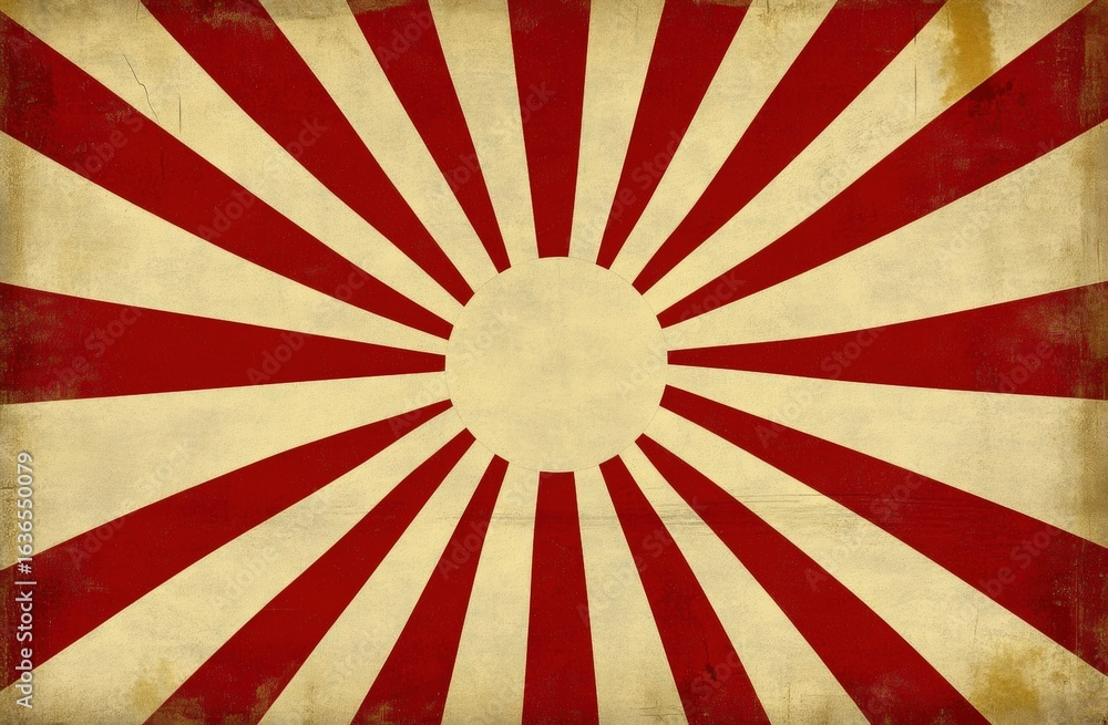 Aufkleber a vintage-style design featuring red rays extending from a central circle on a beige background.
