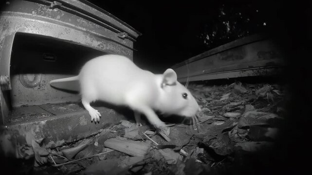 A curious white mouse explores its surroundings at night, navigating through leaves and shadows, evoking a sense of mystery and adventure in a quiet, captured on security camera.
