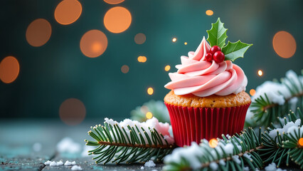 colorful cupcake adorned festive holly sprigs twinkling lights sits atop snowy branch surrounded lush evergreen foliage