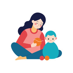 Mother and child playing joyfully with toys vector art illustration