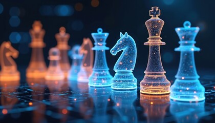 Digital chess pieces, king, queen, knight, bishop, pawn, create abstract glow. Futuristic technology concept, AI strategy planning, business decisions. Holographic game board elements, blue, orange