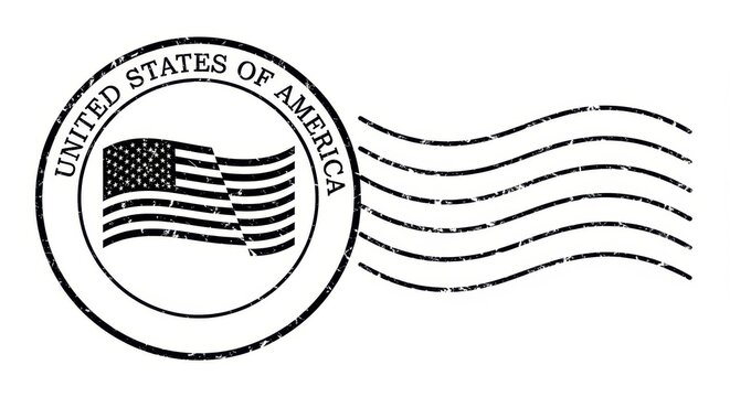 United States of America postmark with flag, vintage rubber stamp illustration isolated on white background