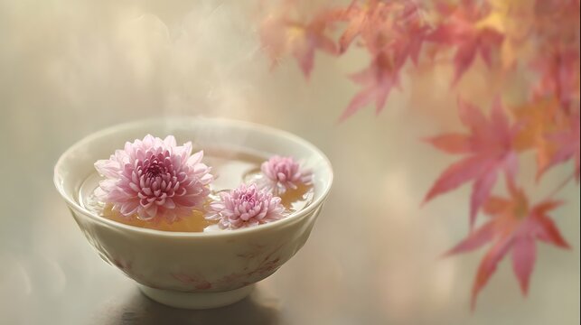Confucius Birthday Memorial for Cultural Exchange: International Dialogue Through Traditional Chinese Tea Culture featuring porcelain teacup with chrysanthemum blossoms floating - Powered by Adobe