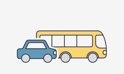 Simple line art illustration of a blue car and a yellow bus, side view. Flat design vector icon for transportation.