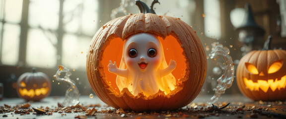 Halloween fun adorable ghost doll in pumpkin spooky setup creative photography indoor close-up whimsical theme
