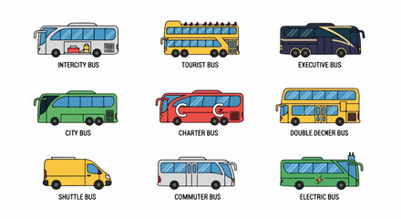 A colorful collection of various bus types, including intercity, tourist, and double-decker, presented as flat vector icons. © tere