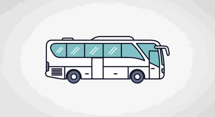 Modern white tour bus illustration with blue tinted windows. A stylized passenger coach with a clean, flat design.