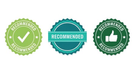 Recommended badge set with checkmark and thumbs up icon, quality seal collection isolated on white background