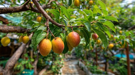 Obraz premium Radiant Citrus and Mango Superfoods Clustered on Fruit Trees in Lush Orchard – Tactile Visual for Sustainable Wellness Branding
