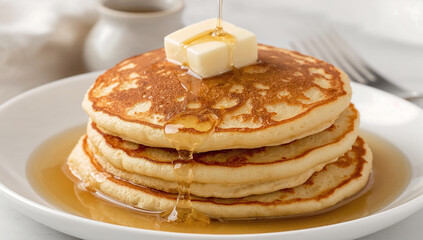 Photo of a stack of golden pancakes topped with butter and syrup is a delicious breakfast or brunch option