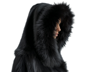 PNG of A female model of Middle-Eastern descent in a luxurious black fur hood, exuding elegance and mystery. - on Transparent or White BG