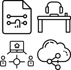 A collection of four minimalist line art icons depicting a circuit diagram, a desk with headphones, a network diagram with people, and a cloud with network connections.