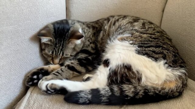 A tabby cat rests curled up on a light-colored sofa, sleeping soundly. Its fur has patches of black, white, and brown