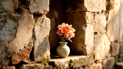 Beautiful flower in vase on stone wall, a symbol of nature and beauty