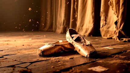 A pair of old ballet pointe shoes on a wooden stage with golden light