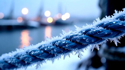 Close up of a blue rope covered in frost and ice crystals in winter