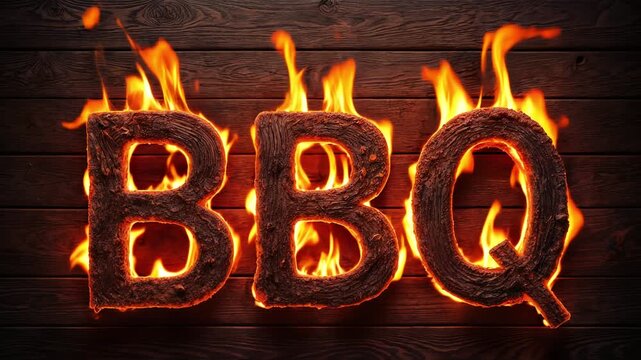 Flames Blazing Around Wooden BBQ Letters on a Plank Wall