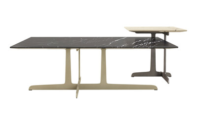 Modern rectangular coffee tables with marble top and brass base. 3d render