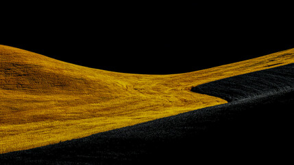 Bright yellow hill casting a dark curved shadow, minimalist landscape with strong contrast, vivid natural colors, high-resolution,