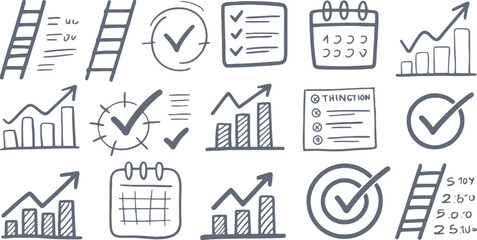 Hand drawn icons for goal tracking progress and success with charts and calendars graph