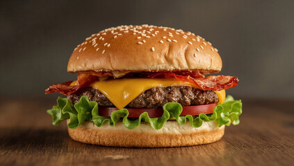 Photo of close up of a delicious bacon cheeseburger with fresh toppings on a sesame seed bun sitting on a wooden table