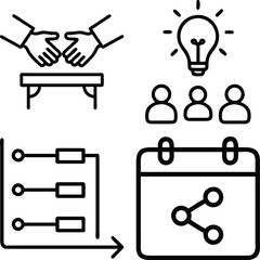 A collection of four simple line art icons depicting a handshake, a team with a lightbulb, a flowchart, and a calendar with a share icon.