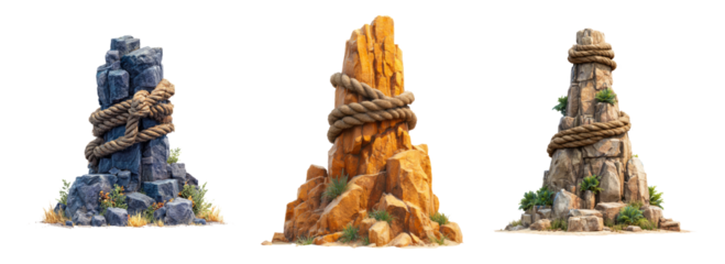 Three Isolated Rock Formations with Rope on Transparent Background