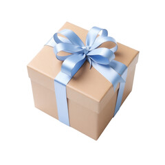 A simple brown gift box tied with a light blue satin ribbon and bow presented isolated on transparent background