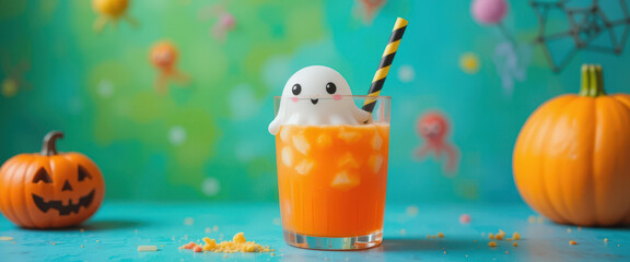 Fototapeta premium Halloween themed drink with ghost decoration autumn setting food photography colorful background whimsical concept