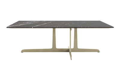 Modern rectangular coffee table with marble top and brass base. 3d render