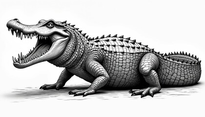 Obraz premium Detailed black, white line drawing of powerful crocodile with textured skin, sharp teeth. Illustration captures reptile predator with open mouth, revealing formidable dentition, scaly hide. Artwork