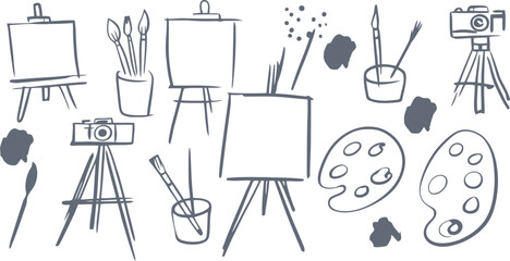 Obraz premium Hand drawn sketch of art supplies including easels paint brushes palettes and cameras on tripods artist