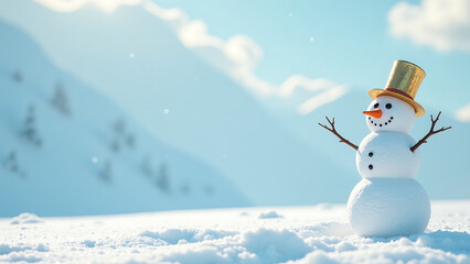 Obraz premium lone snowman proudly sports glinting golden hat serene winter backdrop powdery snow pale blue sky bright sunny