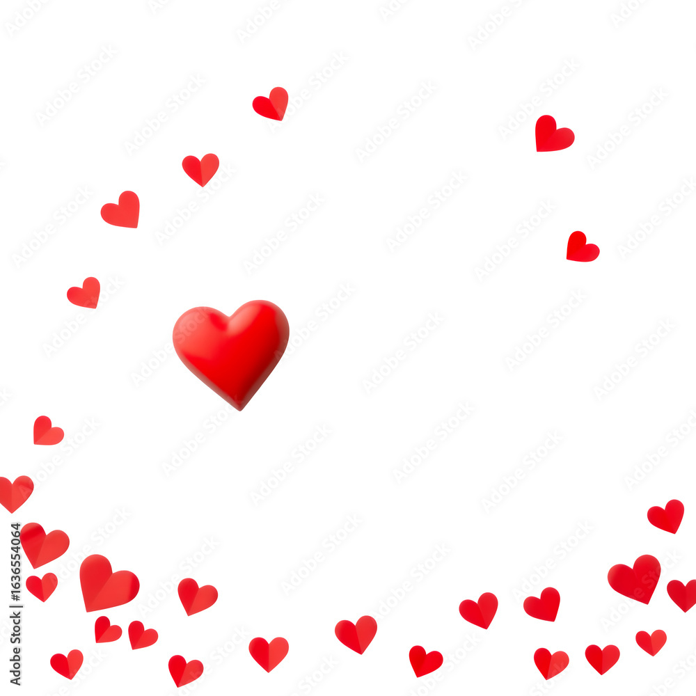 Poster a scattering of small red hearts and one larger red heart in the center isolated on transparent back